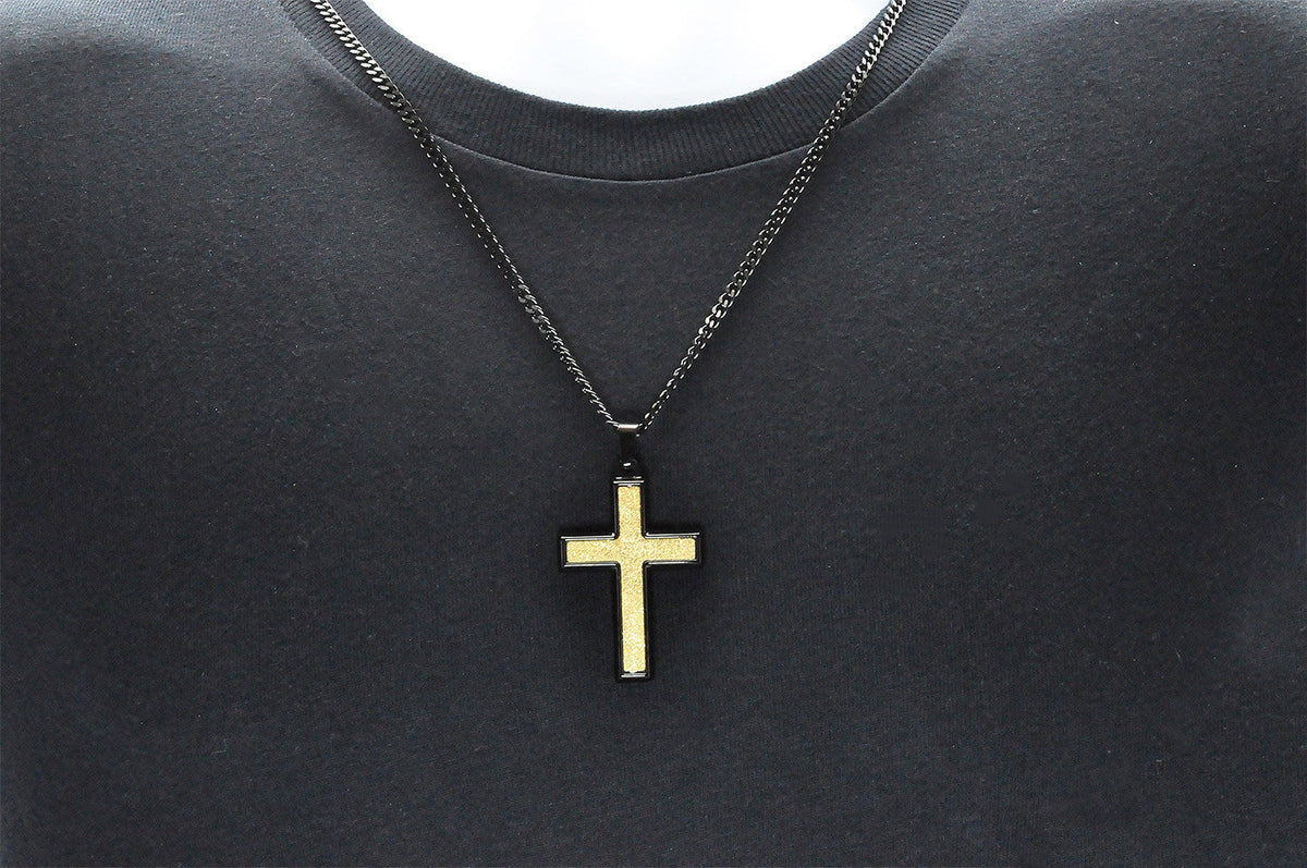 Mens Sandblasted Black And Gold Stainless Steel Cross Pendant