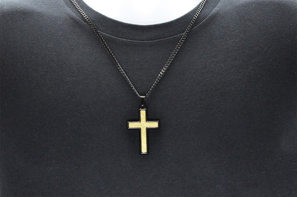 Mens Sandblasted Black And Gold Stainless Steel Cross Pendant