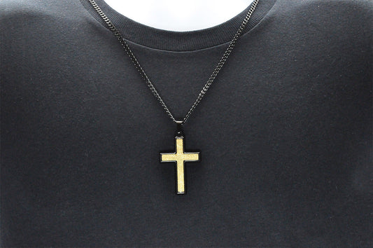 Mens Sandblasted Black And Gold Stainless Steel Cross Pendant