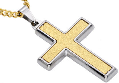 Mens Sandblasted Gold Stainless Steel Cross Pendant