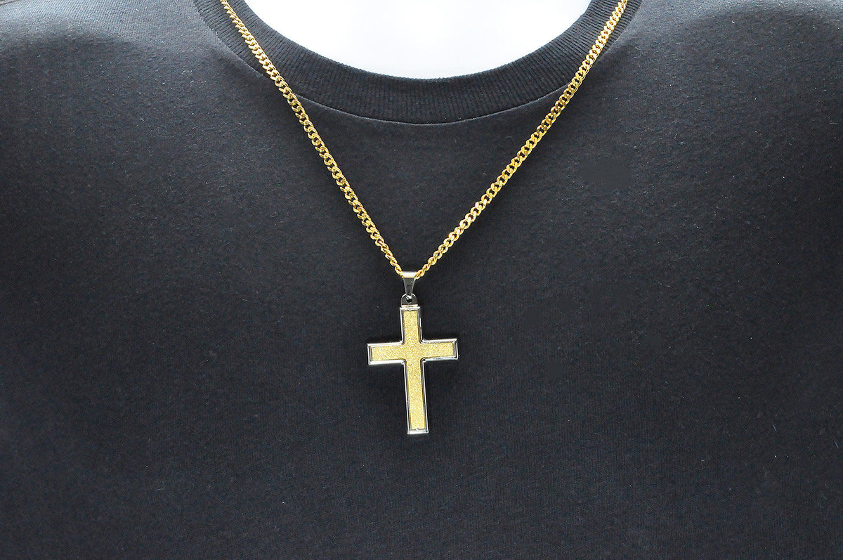 Mens Sandblasted Gold Stainless Steel Cross Pendant