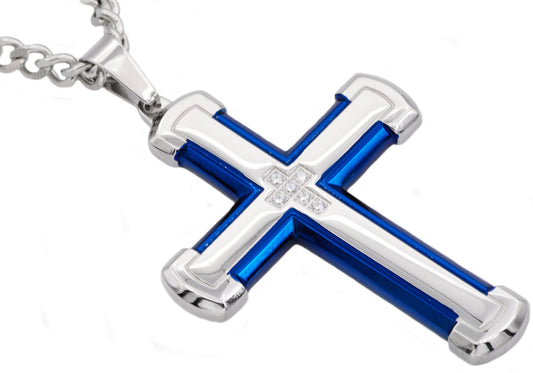 Mens Blue Stainless Steel Cross Pendant With Cubic Zirconia