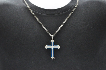 Mens Blue Stainless Steel Cross Pendant With Cubic Zirconia