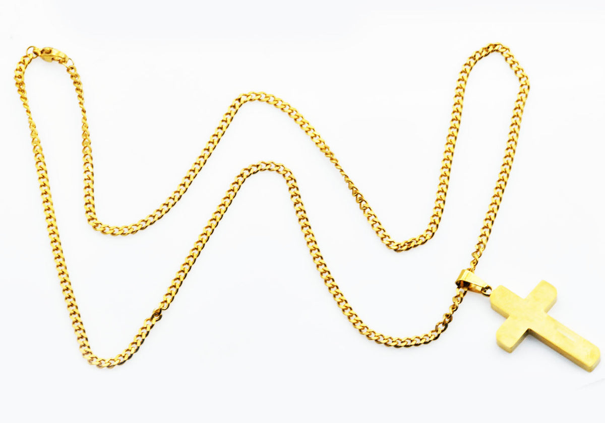 Mens Polished and Brushed Finished Gold Stainless Steel Cross Pendant With 24" Gold Curb Chain