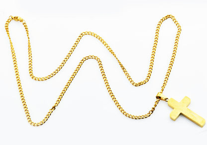 Mens Polished and Brushed Finished Gold Stainless Steel Cross Pendant With 24" Gold Curb Chain