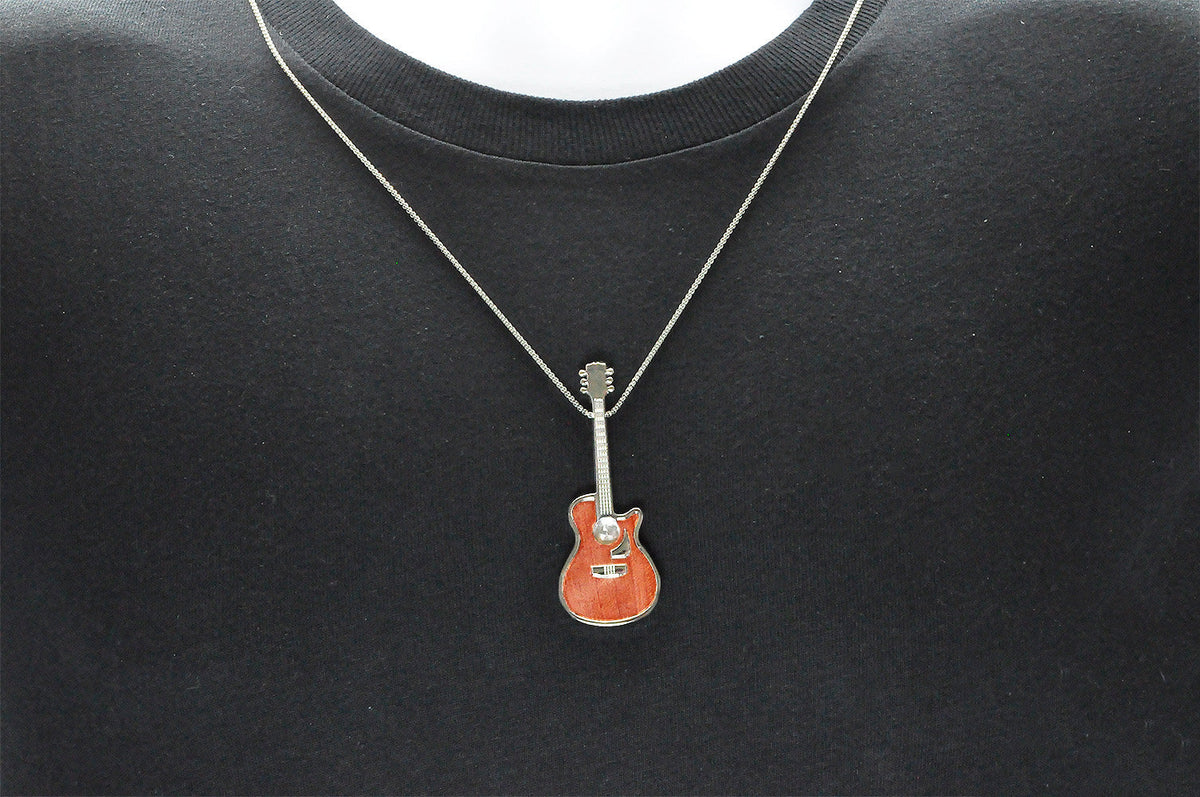 Men's Wood Inlaid Stainless Steel Guitar Pendant With 24" Chain