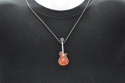 Men's Wood Inlaid Stainless Steel Guitar Pendant With 24" Chain