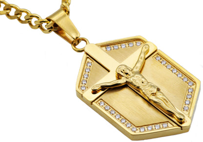 Mens Gold Stainless Steel Cross Pendant With Cubic Zirconia