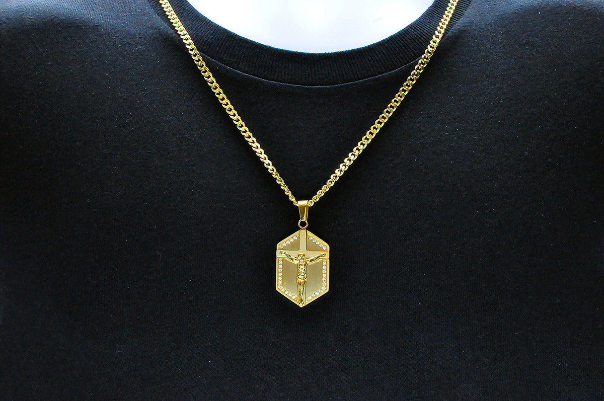 Mens Gold Stainless Steel Cross Pendant With Cubic Zirconia