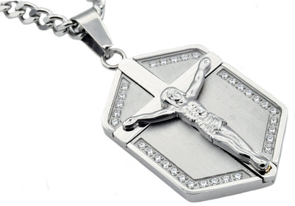 Mens Stainless Steel Cross Pendant With Cubic Zirconia