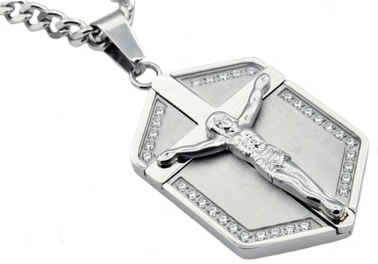 Mens Stainless Steel Cross Pendant With Cubic Zirconia