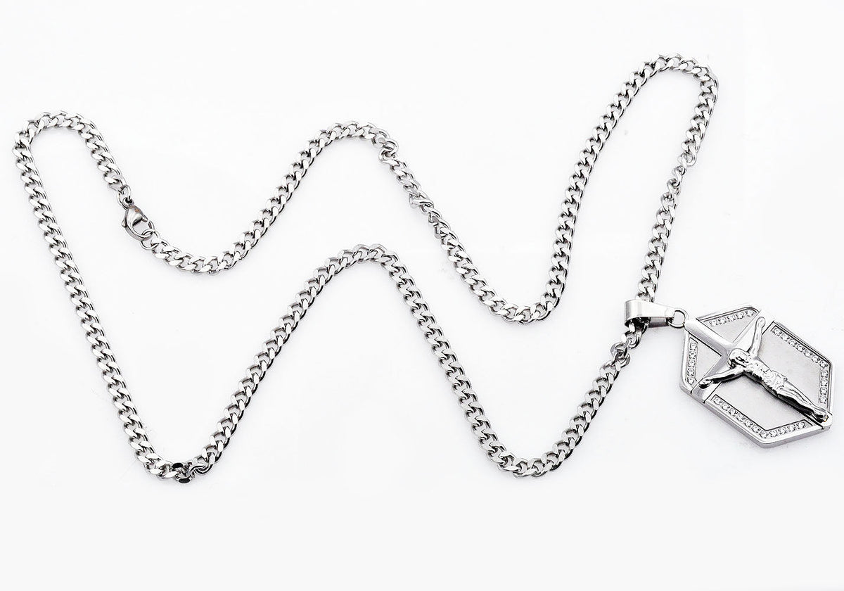 Mens Stainless Steel Cross Pendant With Cubic Zirconia