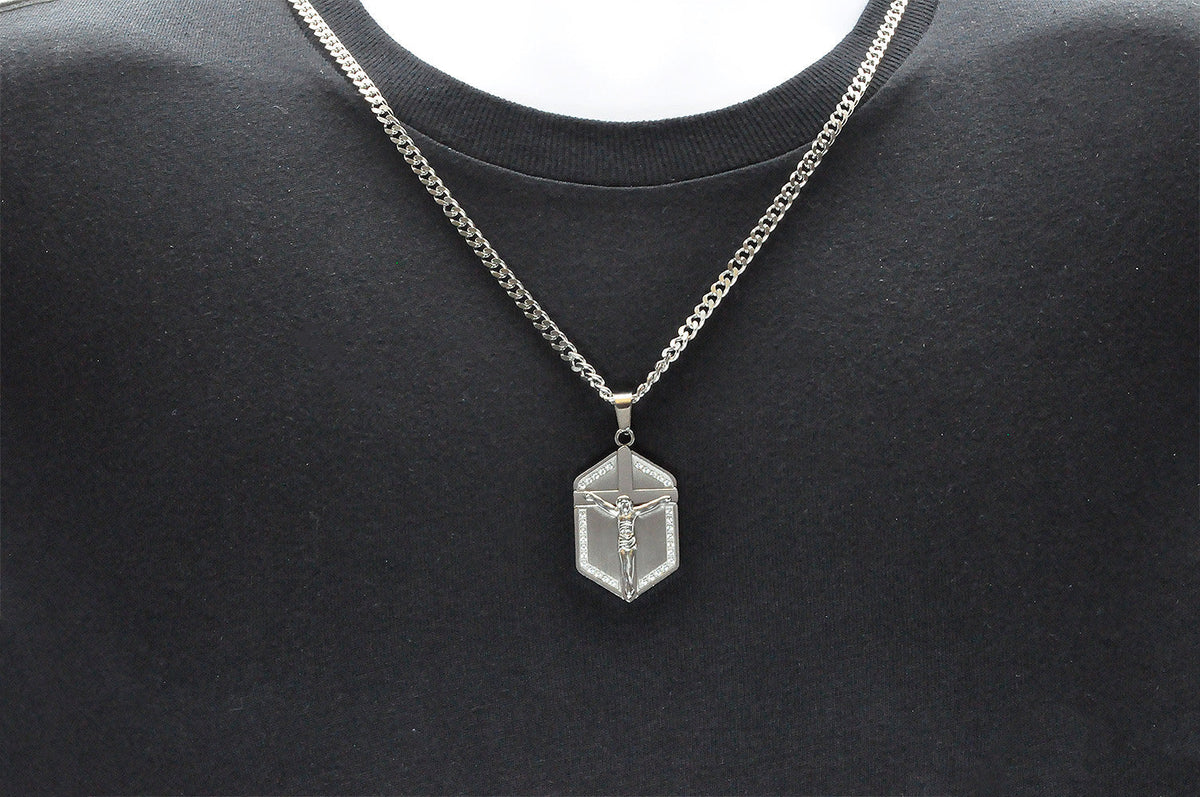 Mens Stainless Steel Cross Pendant With Cubic Zirconia