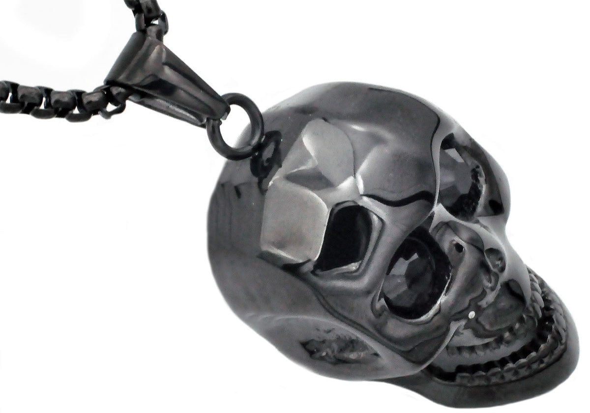 Mens Black Stainless Steel Skull Pendant With Black Cubic Zirconia