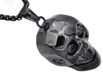 Mens Black Stainless Steel Skull Pendant With Black Cubic Zirconia