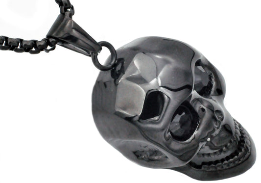 Mens Black Stainless Steel Skull Pendant With Black Cubic Zirconia