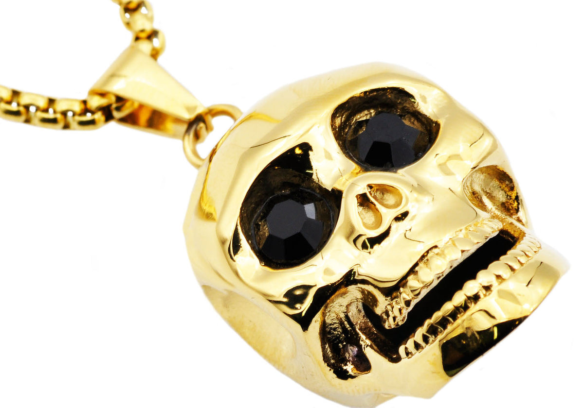 Mens Gold Stainless Steel Skull Pendant With Black Cubic Zirconia