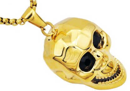 Mens Gold Stainless Steel Skull Pendant With Black Cubic Zirconia