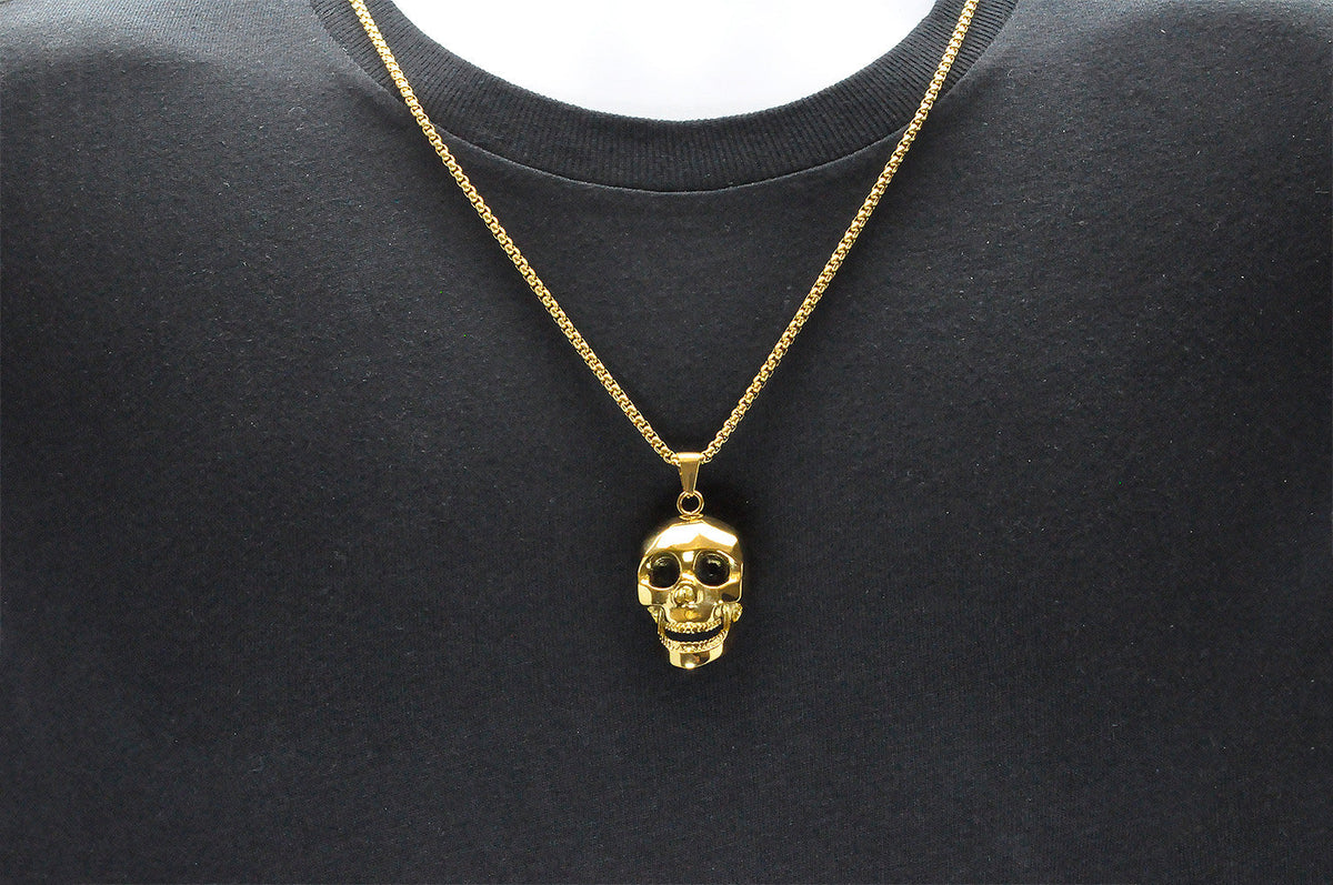 Mens Gold Stainless Steel Skull Pendant With Black Cubic Zirconia