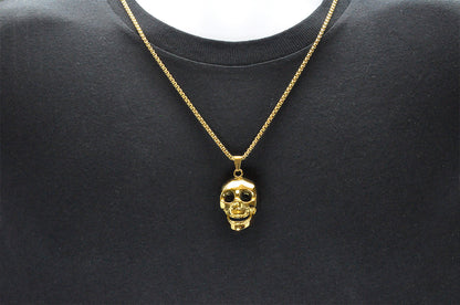 Mens Gold Stainless Steel Skull Pendant With Black Cubic Zirconia