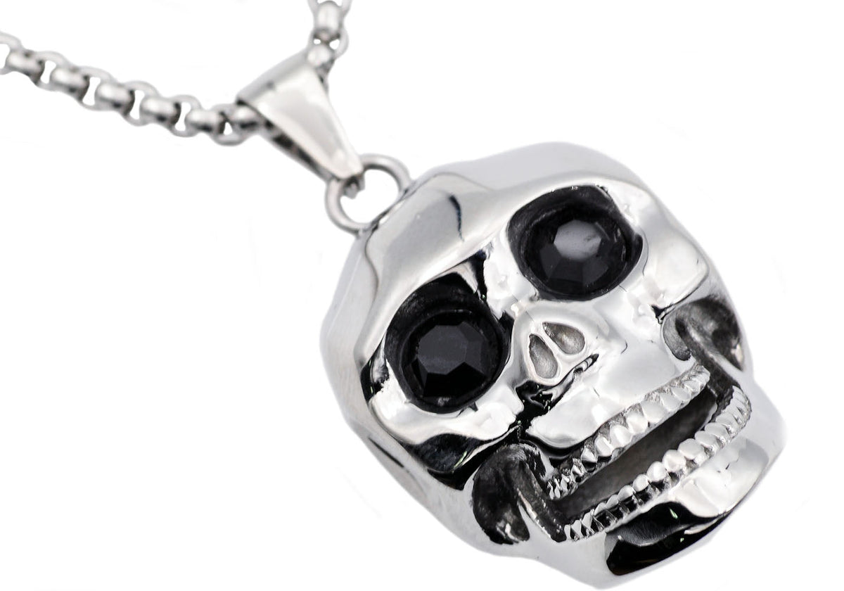 Mens Stainless Steel Skull Pendant With Black Cubic Zirconia
