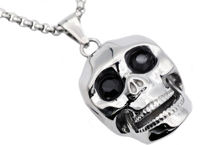 Mens Stainless Steel Skull Pendant With Black Cubic Zirconia
