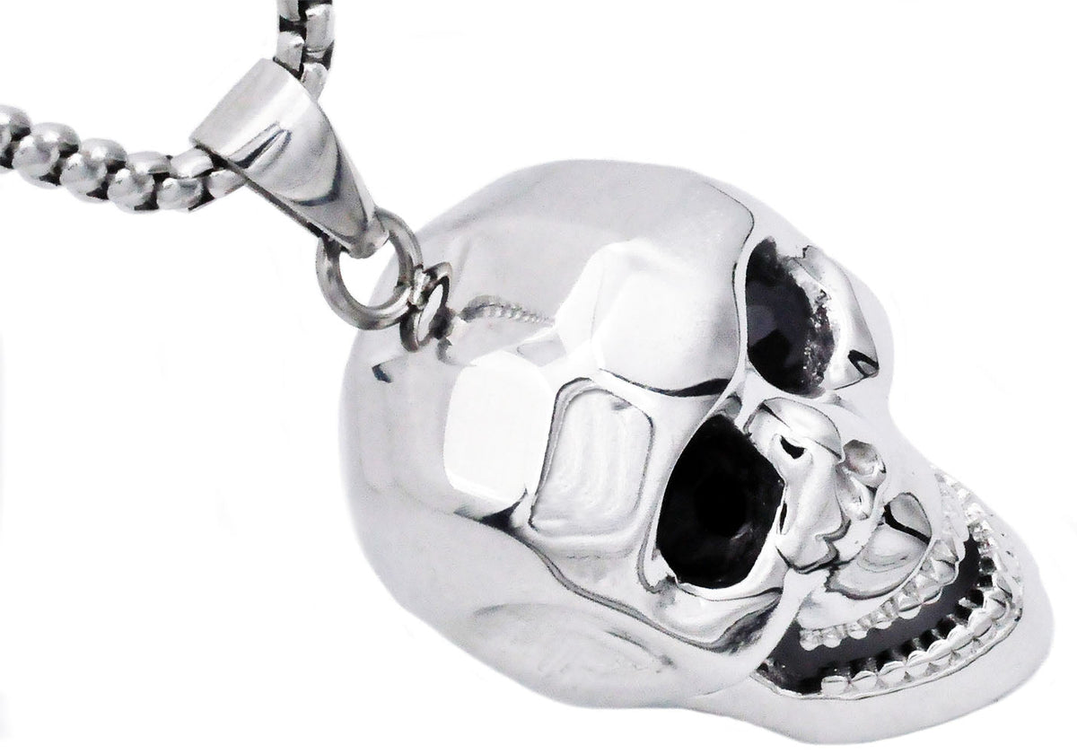 Mens Stainless Steel Skull Pendant With Black Cubic Zirconia