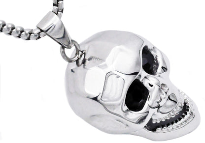Mens Stainless Steel Skull Pendant With Black Cubic Zirconia