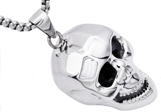 Mens Stainless Steel Skull Pendant With Black Cubic Zirconia