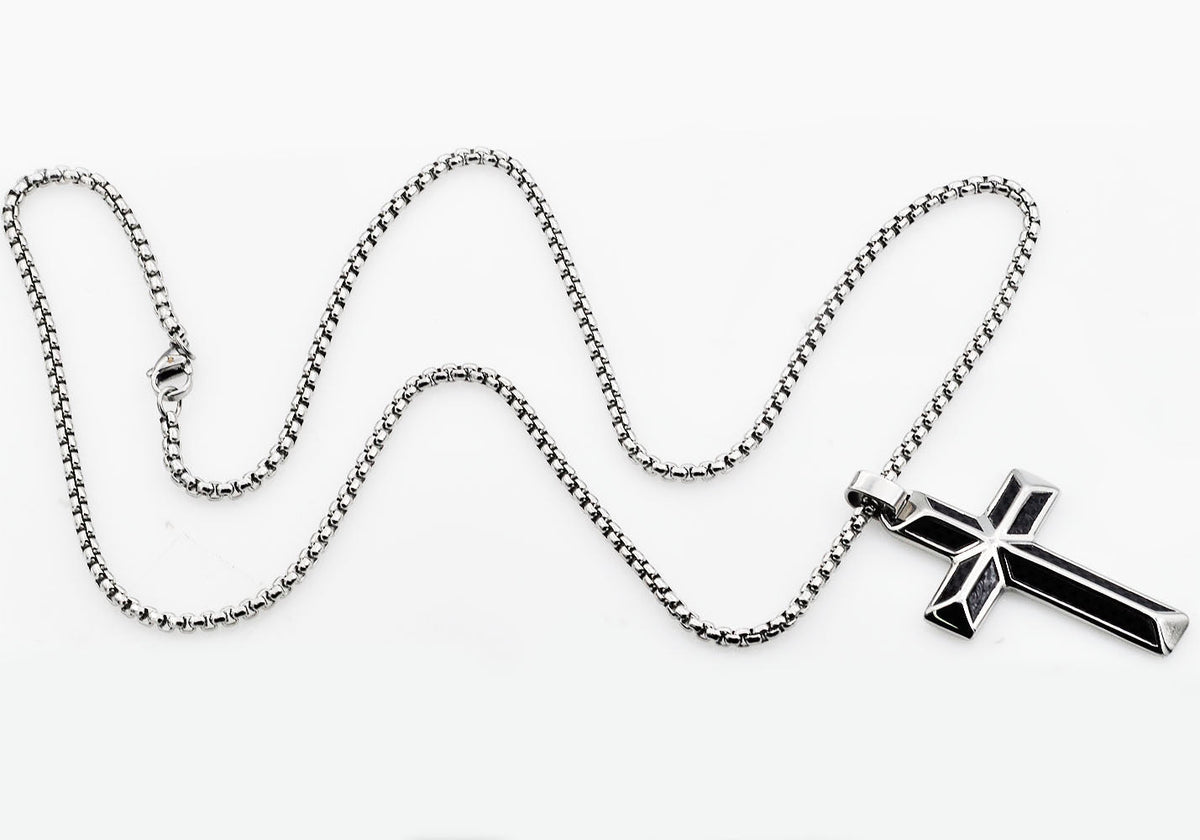 Mens Carbon Fiber Stainless Steel Cross Pendant