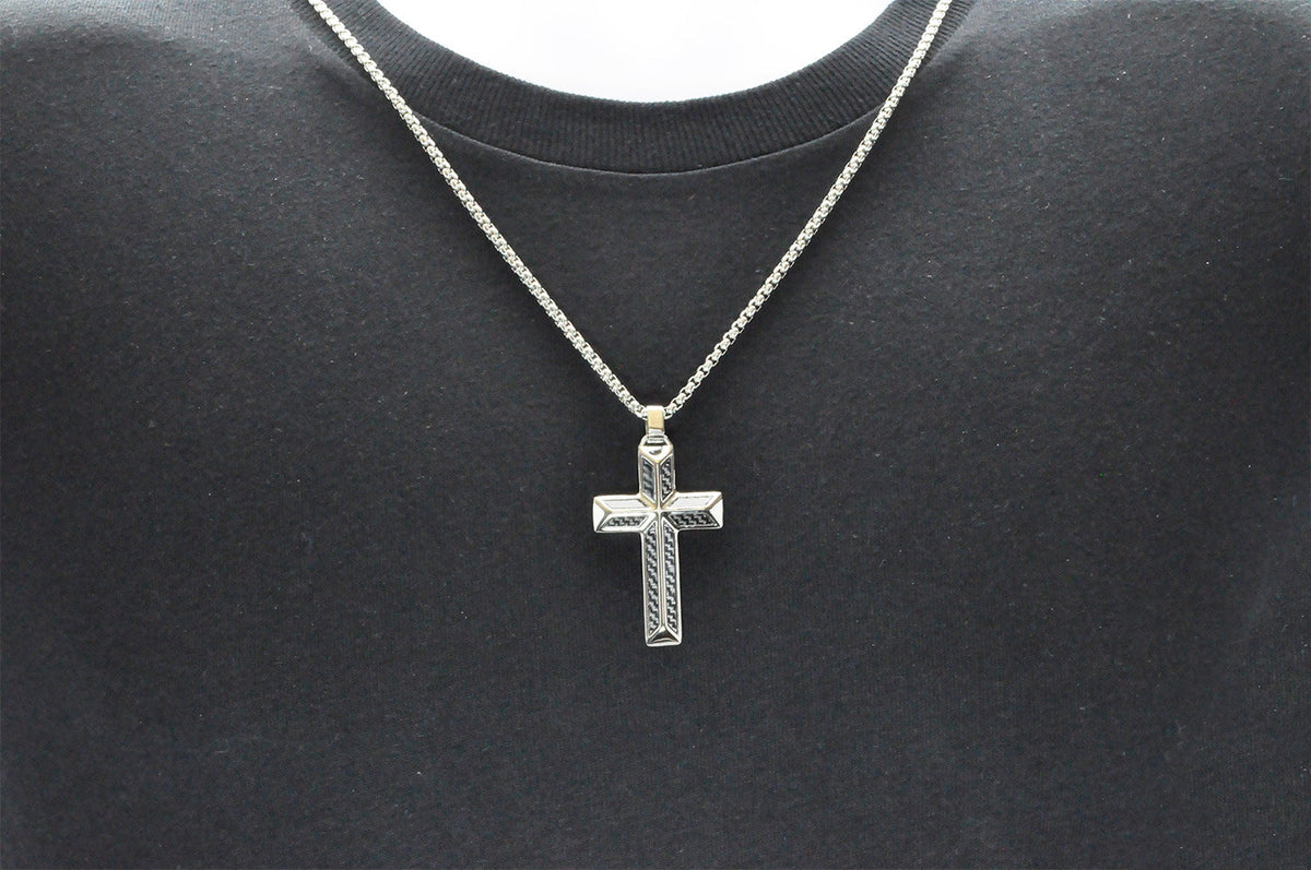 Mens Carbon Fiber Stainless Steel Cross Pendant