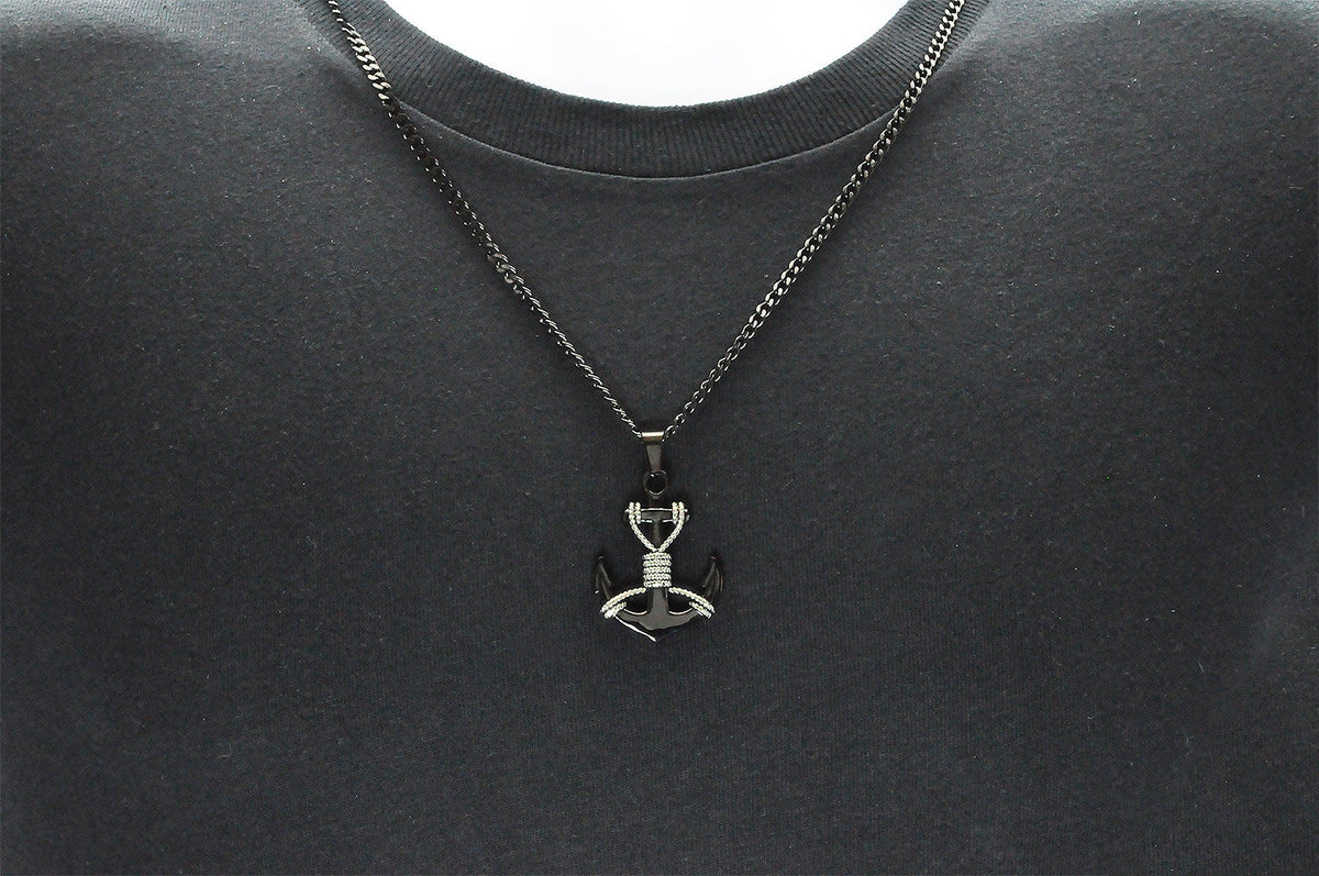 Mens Black Stainless Steel Anchor Pendant Necklace With Steel Rope