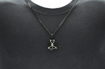 Mens Black Stainless Steel Anchor Pendant Necklace With Steel Rope