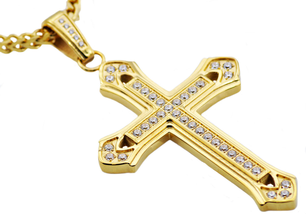 Mens Gold Stainless Steel Cross Pendant With Cubic Zirconia