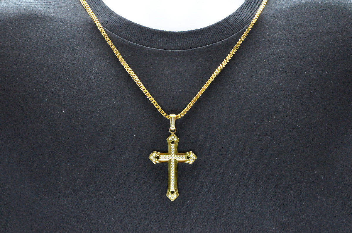 Mens Gold Stainless Steel Cross Pendant With Cubic Zirconia
