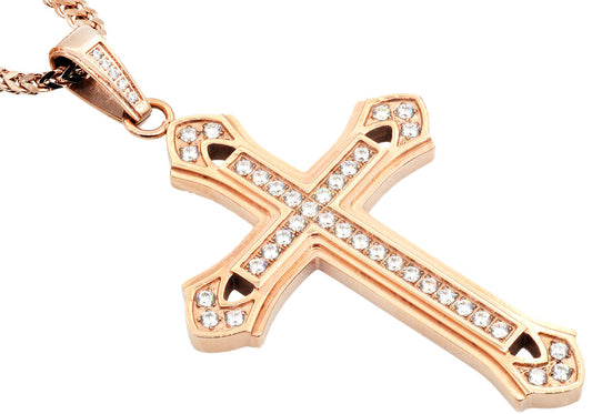 Mens Rose Gold Stainless Steel Cubic Zirconia Cross Pendant With 24" Franco Chain