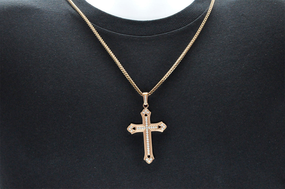 Mens Rose Gold Stainless Steel Cubic Zirconia Cross Pendant With 24" Franco Chain