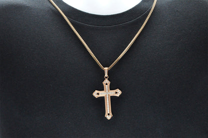Mens Rose Gold Stainless Steel Cubic Zirconia Cross Pendant With 24" Franco Chain