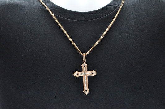 Mens Rose Gold Stainless Steel Cubic Zirconia Cross Pendant With 24" Franco Chain