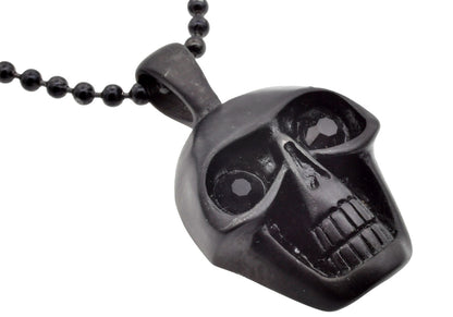 Mens Black Stainless Steel Black Cubic Zirconia Skull Pendant Necklace With 24" Chain