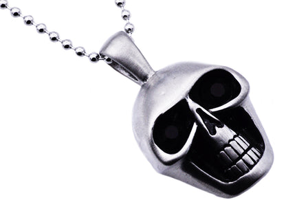 Mens Matte Finish Stainless Steel Skull Pendant Necklace With Black Cubic Zirconia Eyes