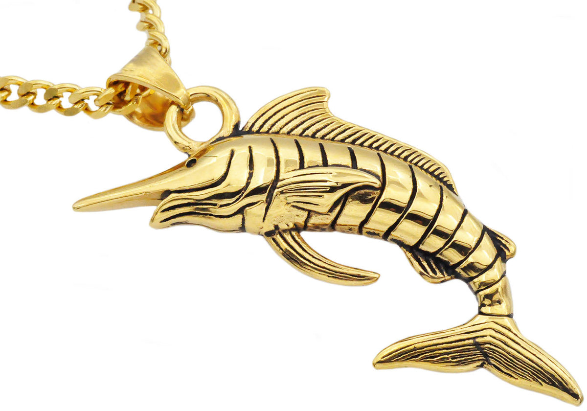 Mens Gold Stainless Steel Sword Fish Pendant