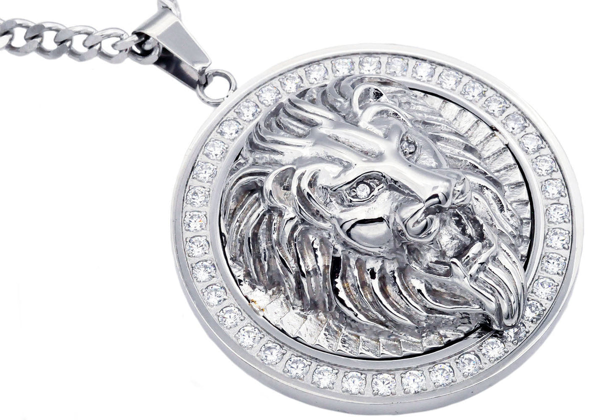 Mens Stainless Steel Lion Pendant With Cubic Zirconia