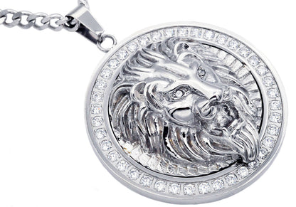 Mens Stainless Steel Lion Pendant With Cubic Zirconia