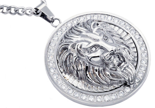 Mens Stainless Steel Lion Pendant With Cubic Zirconia