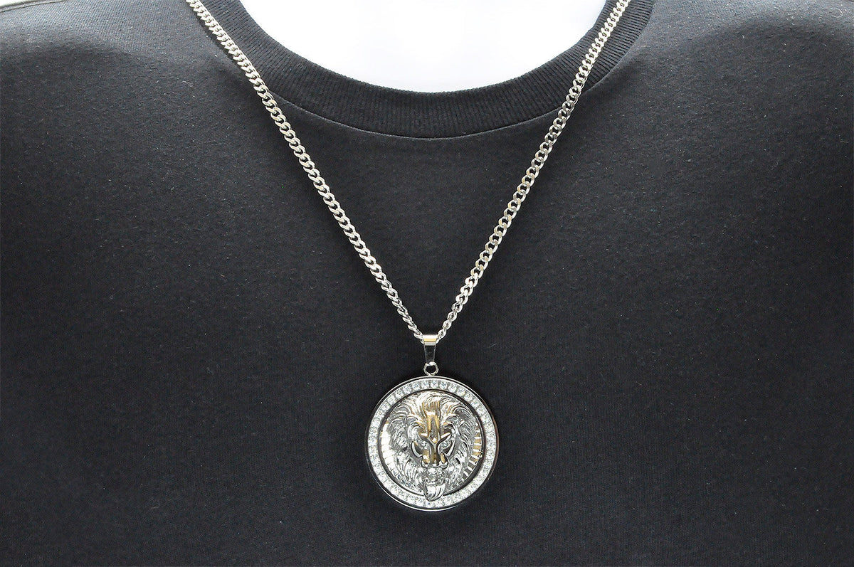 Mens Stainless Steel Lion Pendant With Cubic Zirconia