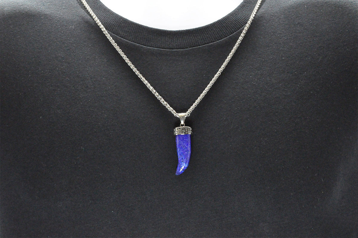 Mens Genuine Lapis Lazuli Stainless Steel Horn Pendant