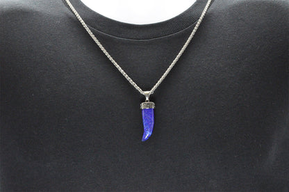 Mens Genuine Lapis Lazuli Stainless Steel Horn Pendant
