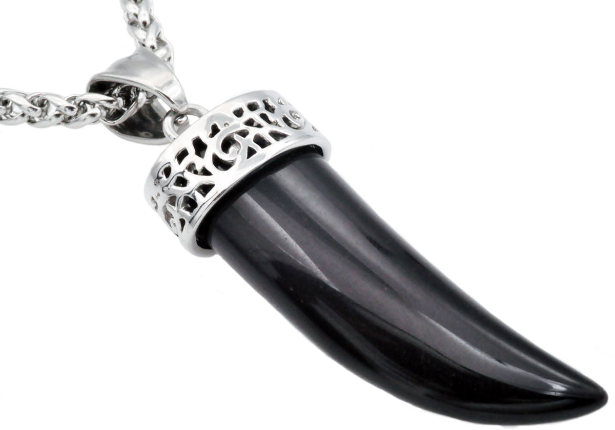 Mens Genuine Onyx Stainless Steel Horn Pendant