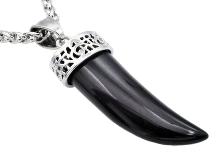 Mens Genuine Onyx Stainless Steel Horn Pendant